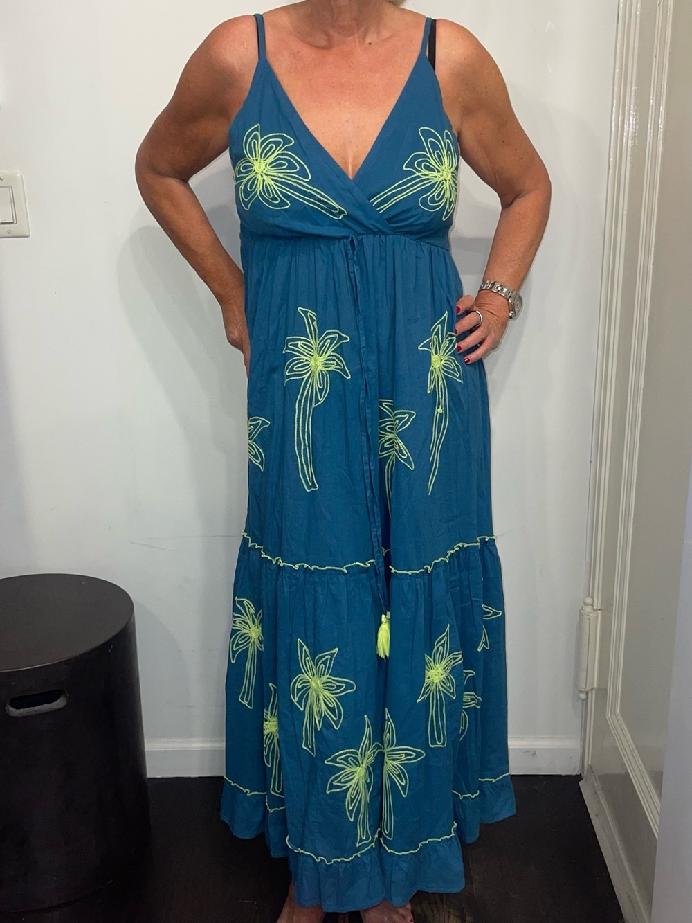 Horizons Lointains Teal Floral Embroidered Maxi Dress